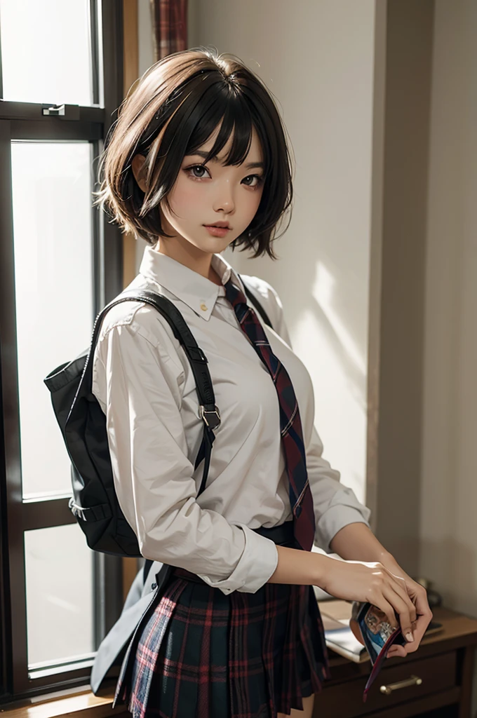 short haired hot girl , with showing and schoolgirl clothes