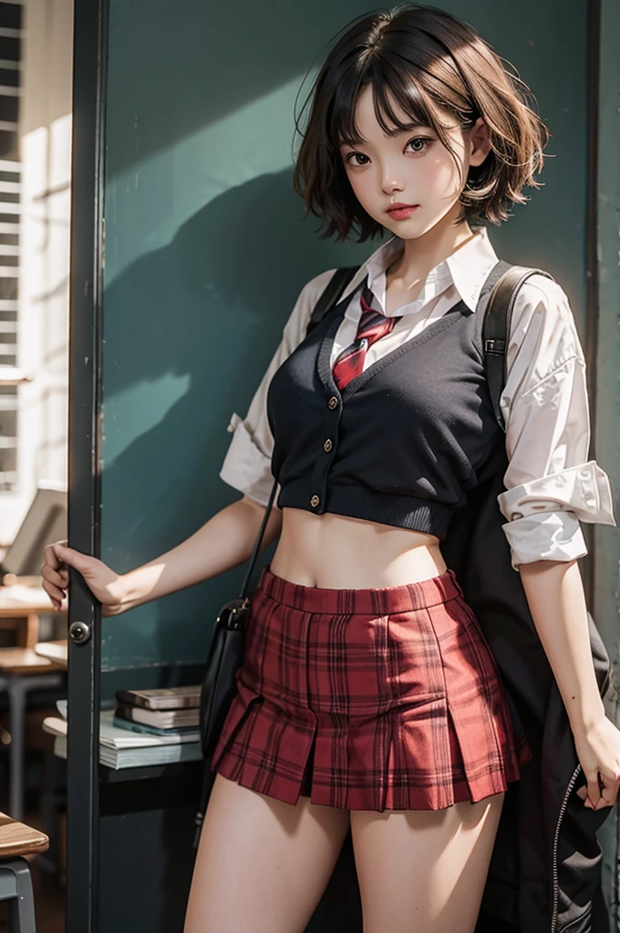 short haired hot girl , with showing and schoolgirl clothes