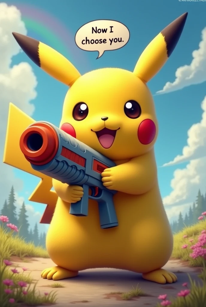 realistic, raw image, Pikachu holding a Giant Gun and pointing towards the camera, a talking bubble over its head which says "Now I choose you", rainbow in the background, highly detailed, masterpiece,