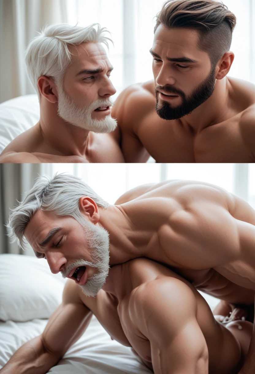2boys, beard and white hair, a look of pleasure and pain, jacking off, crooked, hard dick, semen jets on the back, seen from behind, orgasming