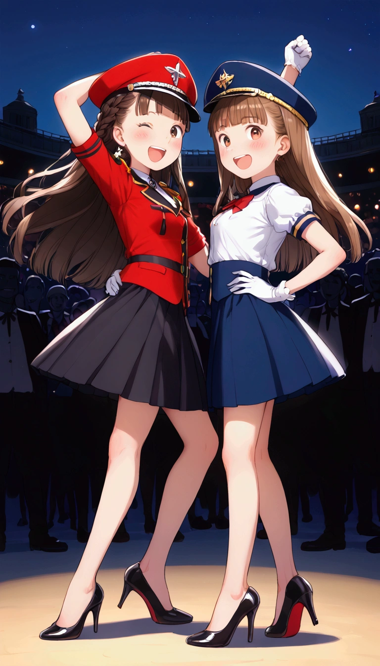 {Highest quality}, {Super beautiful},{Ultra fine},{Best illustration},Brown Hair,Hime cut,Braid,long hair,Two Women,Standing Woman,Strike a pose,Adult women,smile,Excited face,Double teeth,Wink,Uniform cap,White shirt,Short sleeve,Black long skirt,White gloves,Black stiletto heels,Night Park,crowd,Blushing,Slender,From the side,Spread your legs,Put one hand on your hip