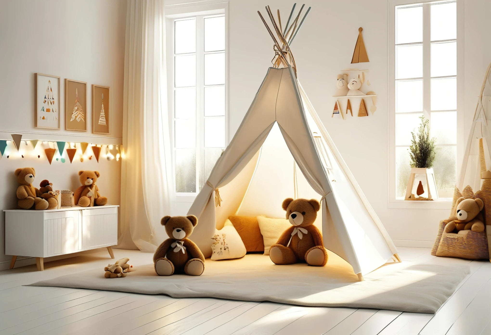 a child's room with a teepee and teddy bears, a 3D render, warm sunlight shining in, soft lighting |, white wall, shadow