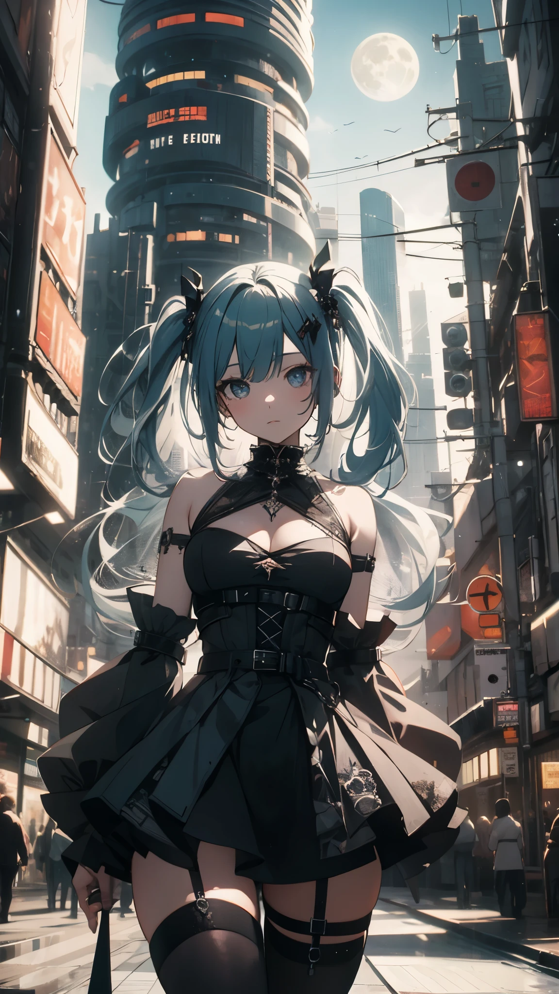 masterpiece,A very delicate painting,highly detailed,Impressionism,Photorealsitic,deep-shadows,blurry backround,realisitic,Cinematic lighting,film grains,perfect anatomy,depth of fields,elaborate design,cowboy shot,cute girl,Hatsune Miku,beautiful eyes,Expressionless,sexy body,big tits,super detailed shiny skin,super detailed cute gothic dress,Half-naked,see-through,mini gothic skirt,thighs,thighs,in futuristic cyber city,high buildings,((Skyscraper)),midnight,big moon