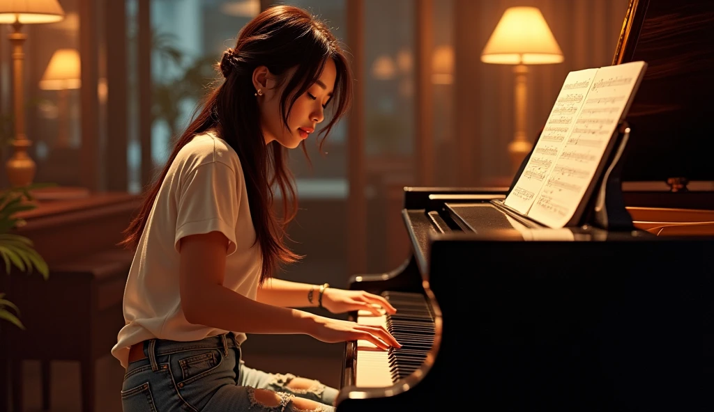 Stunning Young asian girl wearing tshirt and ripped jeans playing a piano, inspired by Li Di, a portrait by Wayne England, trending on cg society, arabesque, energetic jazz piano portrait, pianist, gorgeous woman, ashteroth, promo image, advertising photo, promotional image