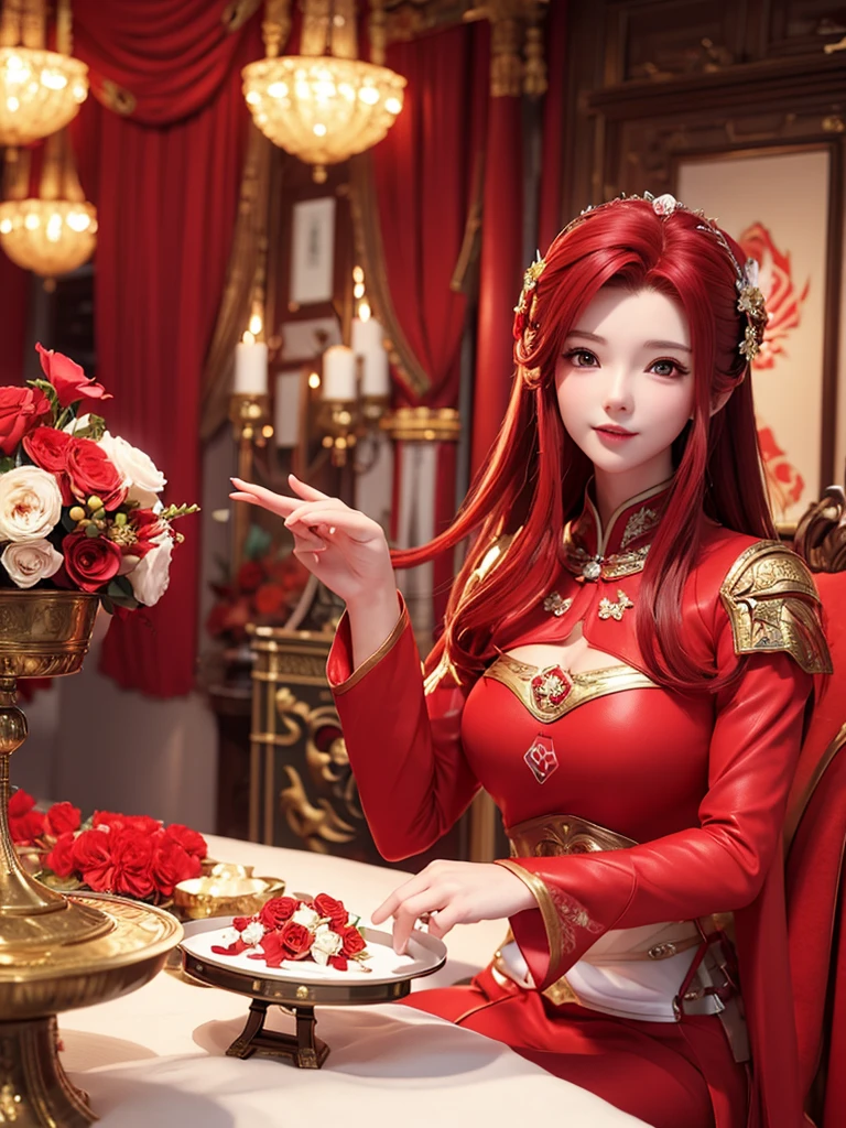Young woman in red dress sitting at a table with a vase of flowers, Beautiful Fantasy Empress, Red-haired queen in heavy red armor, Red-haired goddess, ((Beautiful Fantasy Empress)), Trending on cgstation, Beautiful, charming anime women, anime goddess, Ruean Jia and Art Germ, Woman in Red Armor, Beautiful Tang Dynasty Performance