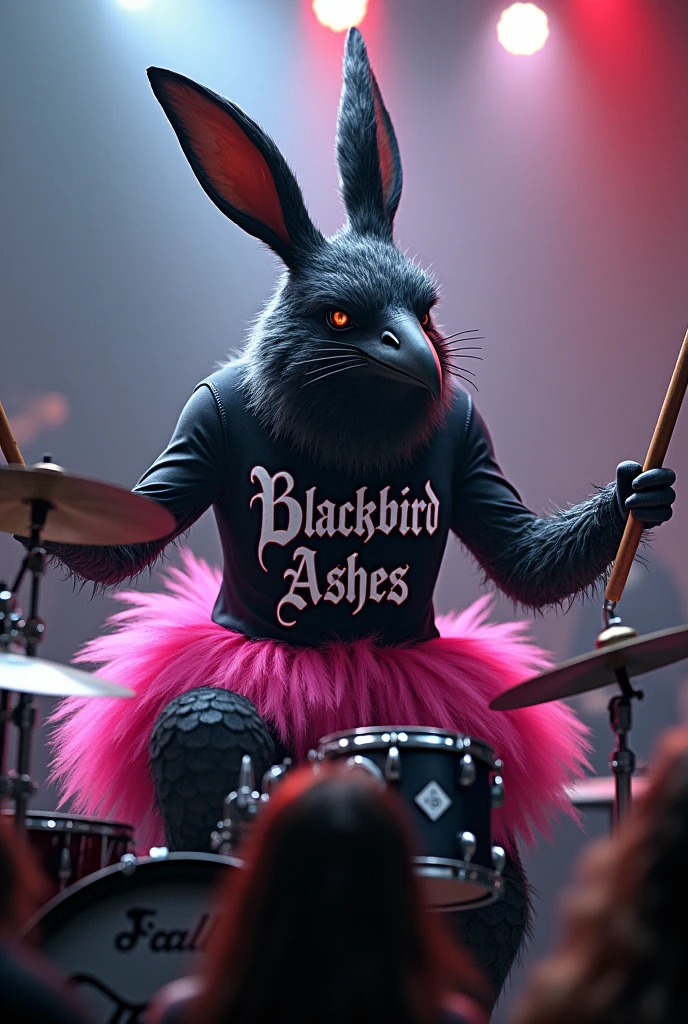 Raven with rabbit ears and a bad face, hoary. With a shirt that says "Blackbird Ashes"and a pink tutu. Playing drums at a heavy metal concert.