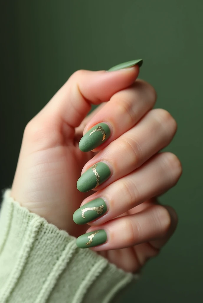 Relaxed and slightly curved hand, with fingers in a natural and comfortable position, showing oval nails of medium length (3 cm). The design consists of a gradient of green tones, starting with an olive green at the base and fading to a light mint green at the tips. Over this background, small golden strokes are applied, creating an effect of loose and organic brushstrokes that run across the surface of the nails. The finish is semi-matte, with a touch of shine, giving it an elegant and fresh look.