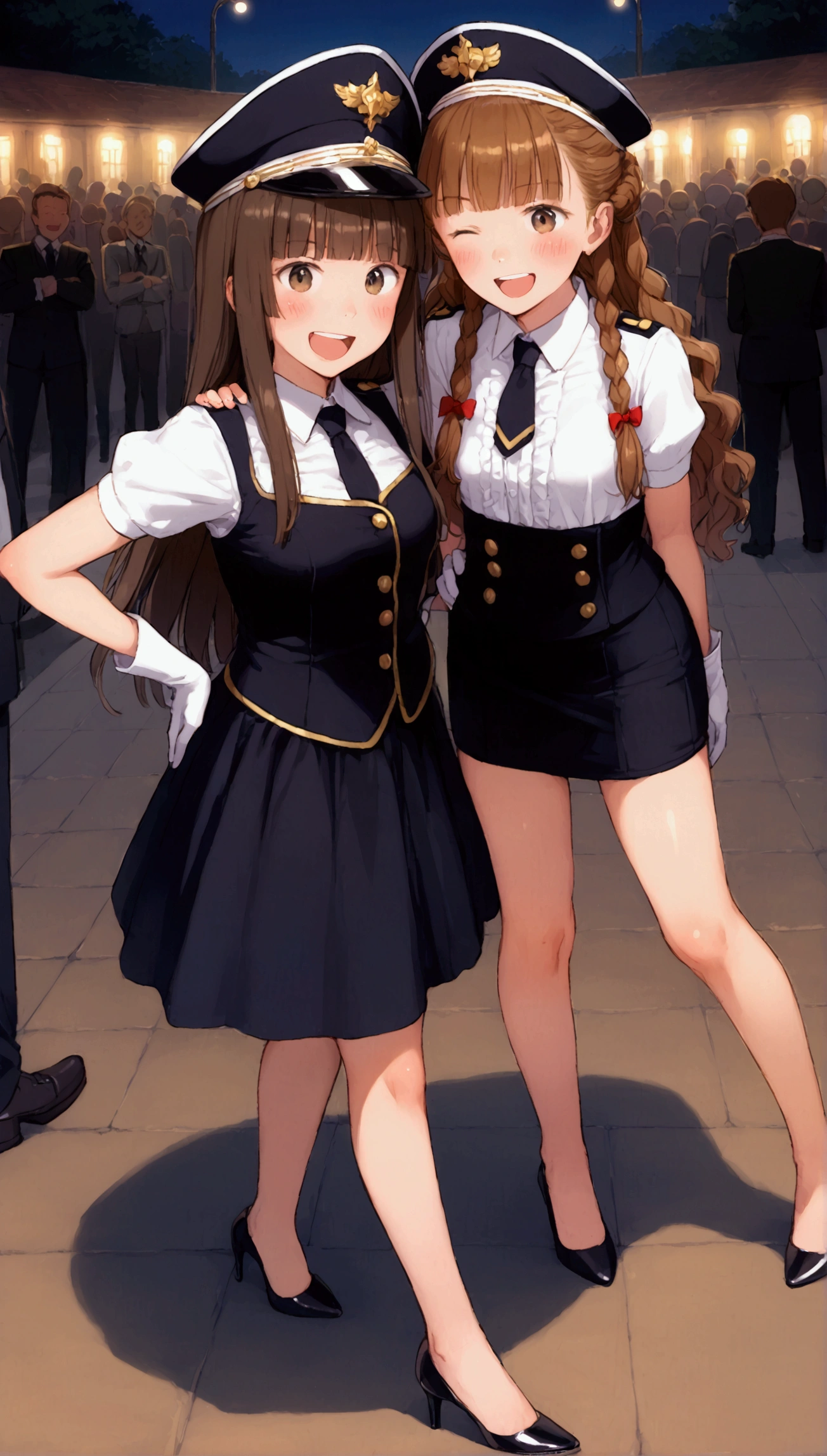 {Highest quality}, {Super beautiful},{Ultra fine},{Best illustration},Brown Hair,Hime cut,Braid,long hair,Two Women,Standing Woman,Strike a pose,Adult women,smile,Excited face,Double teeth,Wink,Uniform cap,White shirt,Short sleeve,Black long skirt,White gloves,Black stiletto heels,Night Park,crowd,Blushing,Slender,From above,Spread your legs,Put one hand on your hip