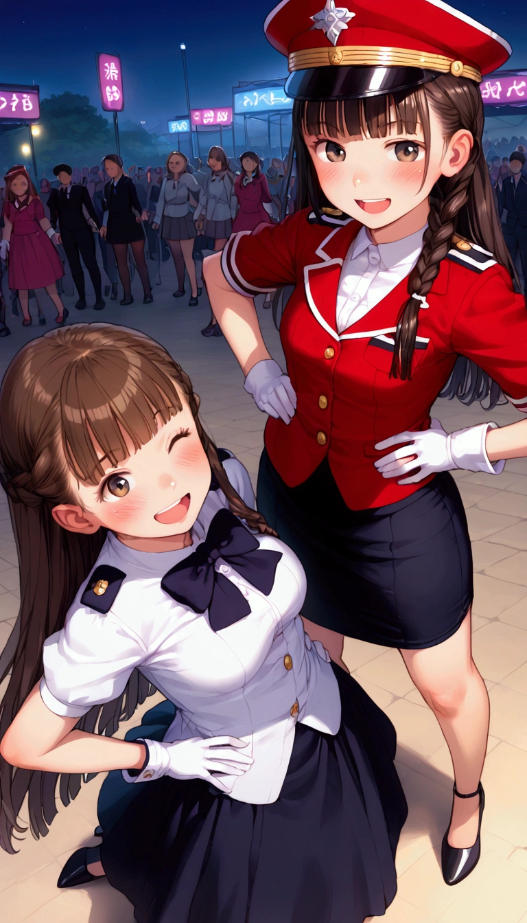 {Highest quality}, {Super beautiful},{Ultra fine},{Best illustration},Brown Hair,Hime cut,Braid,long hair,Two Women,Standing Woman,Strike a pose,Adult women,smile,Excited face,Double teeth,Wink,Uniform cap,White shirt,Short sleeve,Black long skirt,White gloves,Black stiletto heels,Night Park,crowd,Blushing,Slender,From above,Spread your legs,Put one hand on your hip