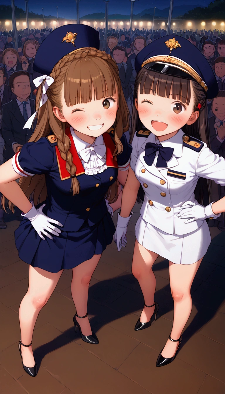 {Highest quality}, {Super beautiful},{Ultra fine},{Best illustration},Brown Hair,Hime cut,Braid,long hair,Two Women,Standing Woman,Strike a pose,Adult women,smile,Excited face,Double teeth,Wink,Uniform cap,White shirt,Short sleeve,Black long skirt,White gloves,Black stiletto heels,Night Park,crowd,Blushing,Slender,From above,Spread your legs,Put one hand on your hip