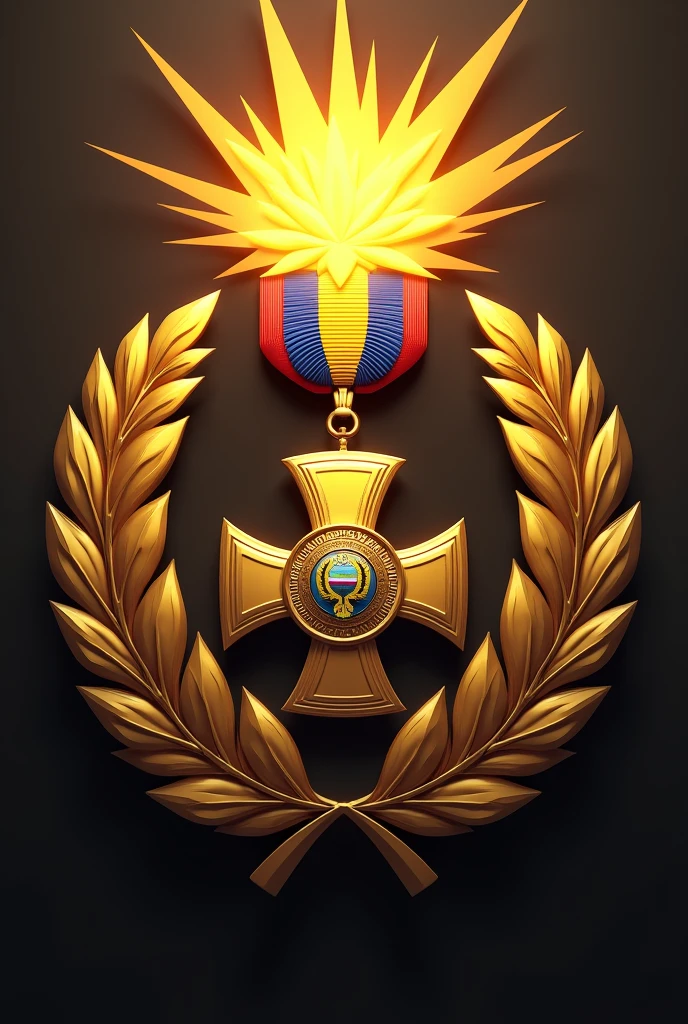 generates a 2D image, of the Ecuadorian War Cross Medal, with a yellow, blue and red ribbon at its ends and a red center, The medal should be a cross with a circle in the center and the shield of Ecuador., surrounded by a laurel wreath and above a kind of explosion, all golden color