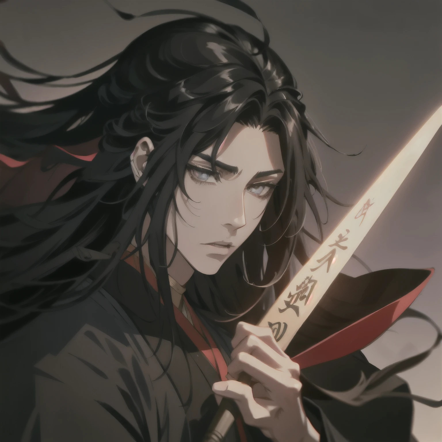 (1 man, solo, wei wuxian, mo dao zu shi, mdzs, black clothing, gray eyes, long white hair, perfect anatomy, full body), best quality:1.2, extremely detailed, intricate details, dramatic lighting, cinematic, hyperrealistic, 8k, photorealistic, award winning artwork, dark fantasy, moody, atmospheric, chiaroscuro, dramatic, mystical, ethereal