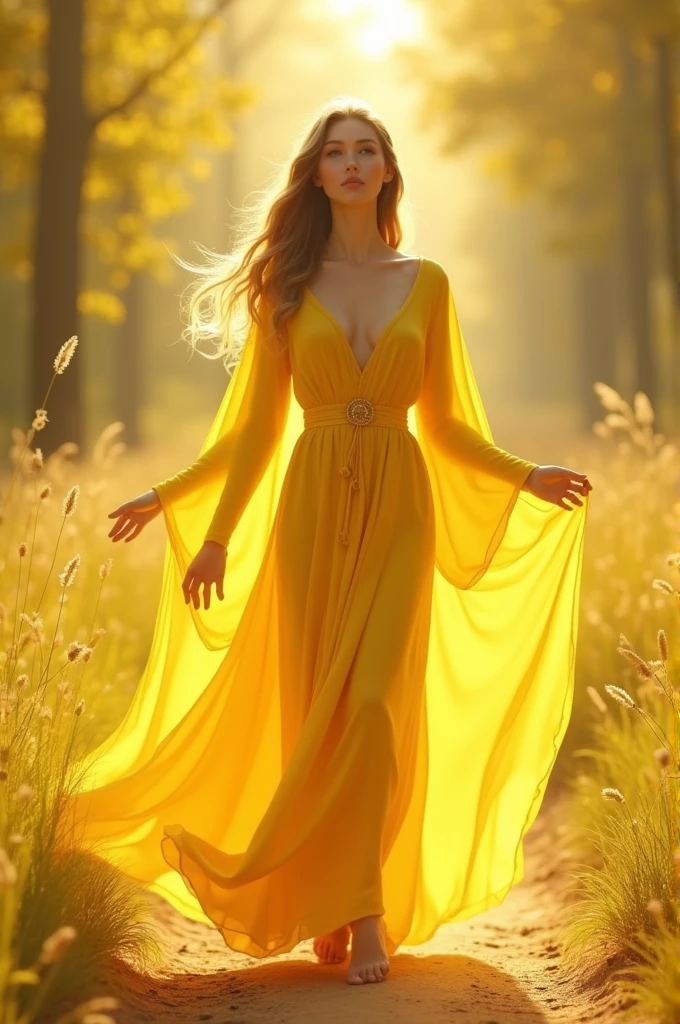Create a character dressed in yellow, she excells in self knowledge