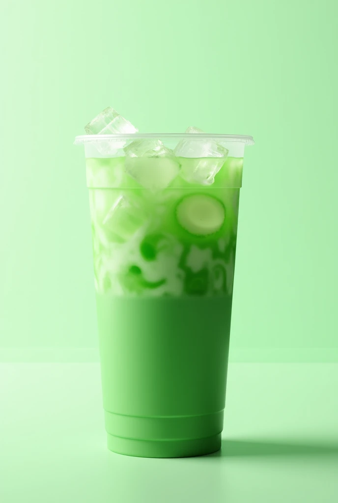 In big plastic cup, green colour drink mix with milk is fill in cup with full of crystal clear ice cube, HD, realistic, advertising, 8k, inside the drink the crystal clear ice cube can seen