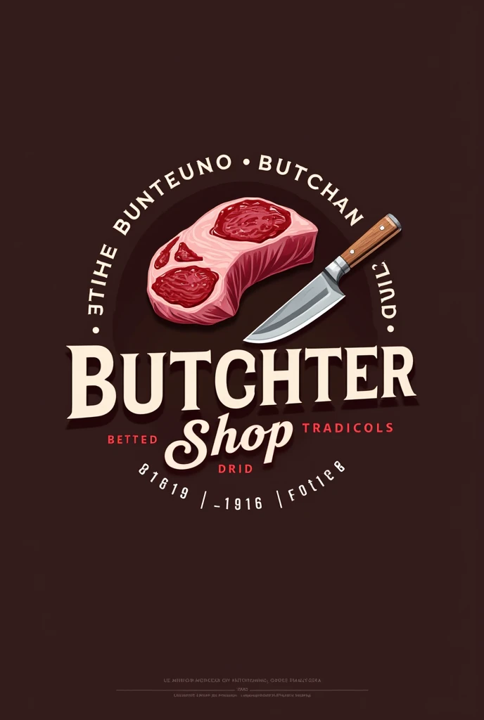 Create a professional and impactful logo for a butcher shop. The design should incorporate elements related to meat, like a piece of meat or a butcher knife. Use colors that convey quality and trust, like reds and shades of brown. The butcher shop name should be clearly visible and written in a font that conveys robustness and tradition. The logo style should be modern, but with a classic touch that highlights the experience and tradition of the trade