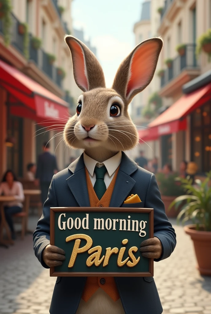Create an image of a rabbit wearing a suit in the city of Paris holding a sign that says Good morning Paris.