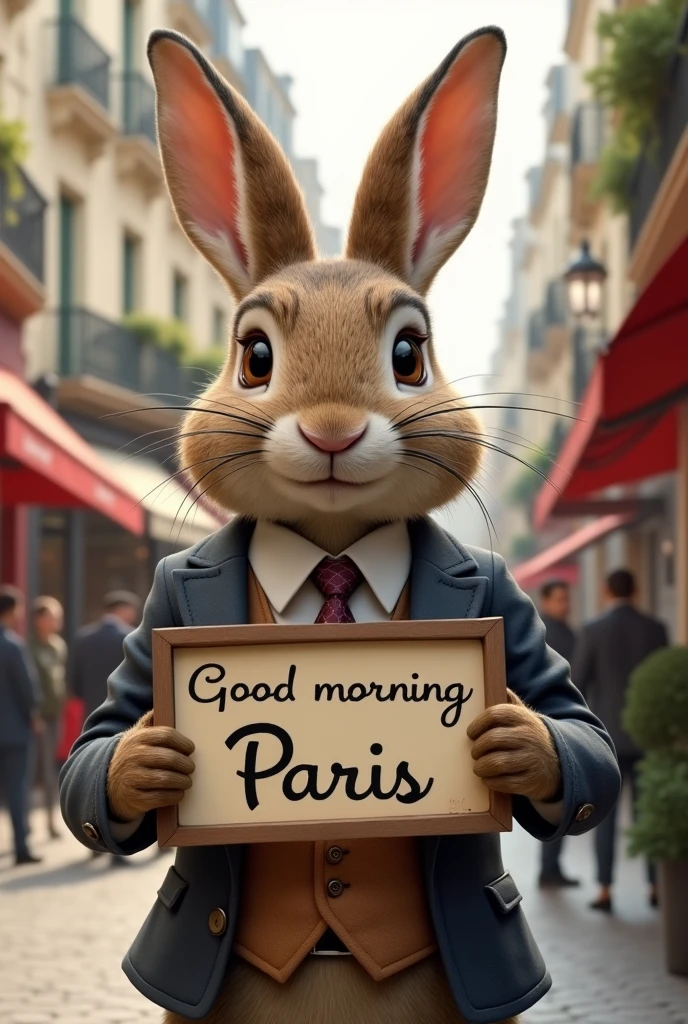 Create an image of a rabbit wearing a suit in the city of Paris holding a sign that says Good morning Paris.