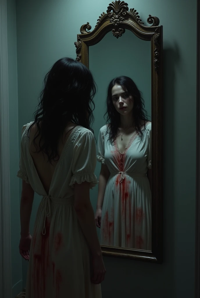 A women having blood in her clothes, seeing in mirror. In mirror she saw a man instead of her face. A title is written " mirror of guilt "