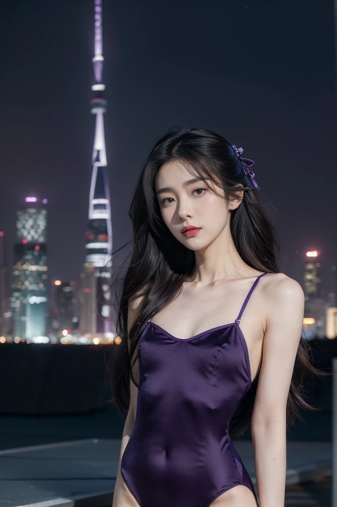 (((best quality))),(((ultra detailed))),(((masterpiece))),illustration,((1girl,Rui Kisugi,solo)),((slim,thin)),((small breasts,flat chest)),(long wavy hair:1.2),(dark purple leotard:1.5),(cyan ribbon around waist:1.3),(On the roof of skyscraper:1.3),(city view:1.2),(night scene:1.3),elegant,confident,athletic,curves,(slender legs:1.2),waist,concrete,glass,buildings,starry sky,natural beauty,captivating,thought-provoking,((from front,upper body))