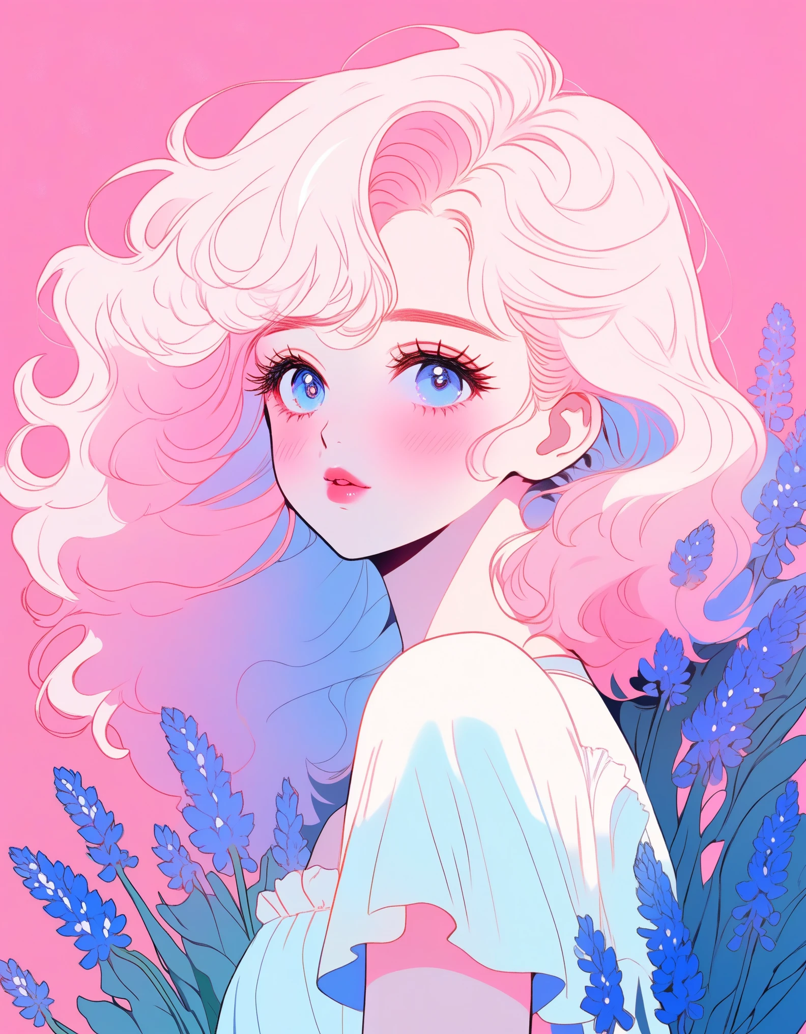 illustration style, anime , realistic ,sketch , 1 girl, ,pink lip, long eyelashes、shining blue eyes、ruffle skirt,order, pastel color gradient background, neon hair,textured crops, Canadian,muscari flower 、(masterpiece,highest quality)