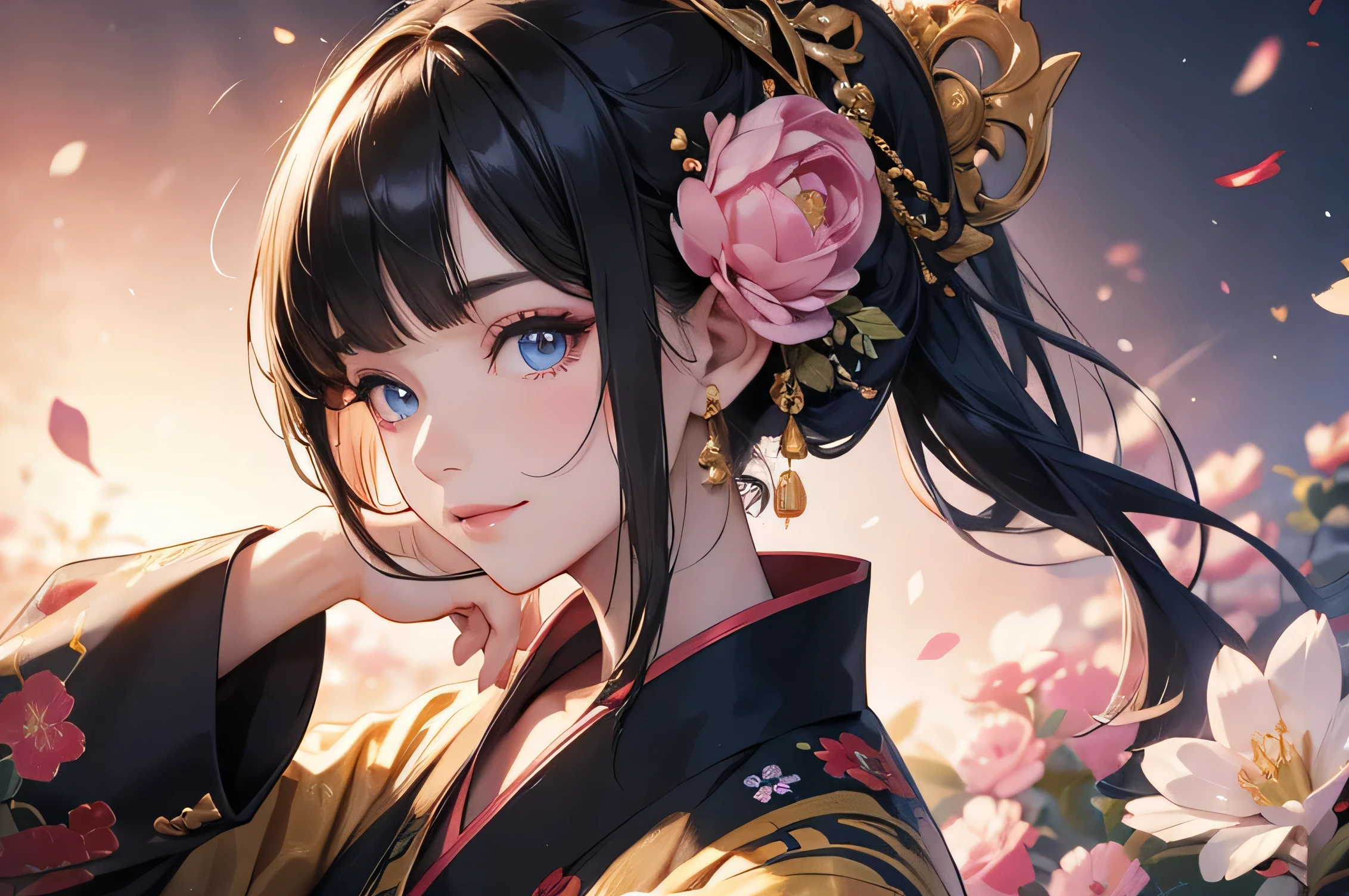 Slanted Eyes、blue eyes、Black Hair、A kimono with a pattern of pink flowers、A background with a fantastical black and yellow theme、Red cheeks、Golden hair fastening、Sexy chest、smile
