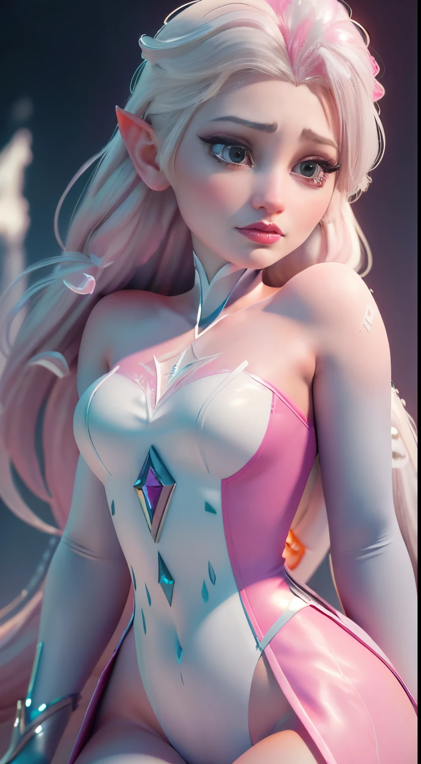 Elfgirl (rose quartz waifu SU-elsa waifu frozen Disney mezclando modelos .) (ultra fUSION of white and pink hair) Highly detailed CG unity 8k wallpaper, style shot, complex, High detail, dramatic, highest quality movie still image, Very detailed, masterpiece, Best Quality, character design, elsa, elsa from frozen,fusión Diamante Rosa (( dark style)), realistic and ultra detailed rendering style, natural light, sharp character design, (hard focus, 8k), (((Natural skin texture))), 8k textures, soft cinematic lighting, Adobe Lightroom, dark room, HdR, sophisticated, elegant, rich detail, Sharp focus appearance) )), calming tones, frenesí de detalles, intricate detail, Super detail, low contrast, Soft film Lighting, Muted colors, Exposure Mix, HdR, Desteñir, 35mm, f/1.4, THEY ARE LIKE THIS, f16, 25 sec.
