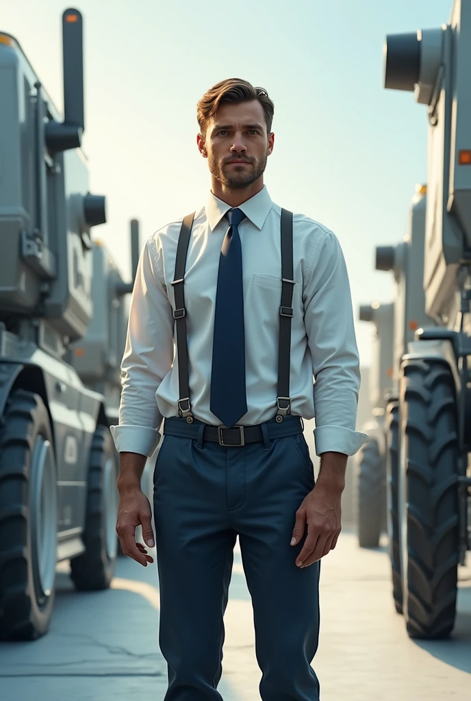 A picture of a farmer wearing a tie standing with modern technology