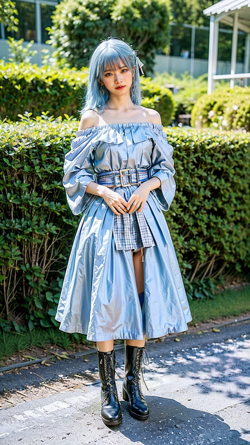 (8k、RAW Photos、Highest quality、masterpiece:1.2)、(Realistic、Realistic)、1 person、((Light blue hair、boots、Off the shoulder、garter belt、whole body、garden、Check mini skirt、garden、View from the front、Looking into the camera、Hands on your hips))、cute
