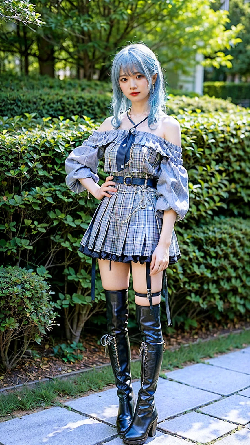 (8k、RAW Photos、Highest quality、masterpiece:1.2)、(Realistic、Realistic)、1 person、((Light blue hair、boots、Off the shoulder、garter belt、whole body、garden、Check mini skirt、garden、View from the front、Looking into the camera、Hands on your hips))、cute