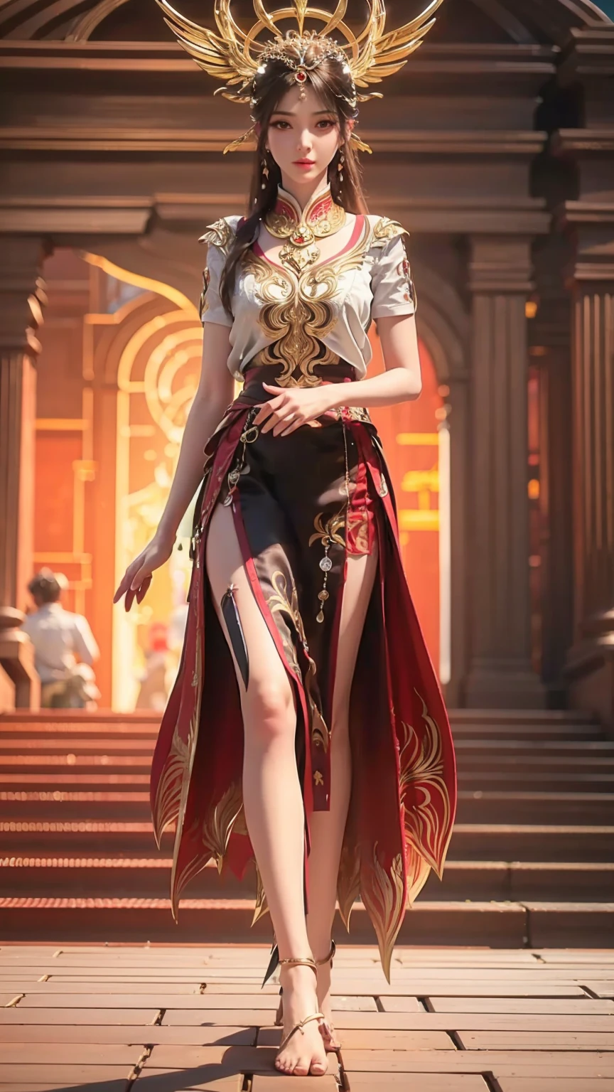 ((Biologically correct number of limbs))、(( Full body illustration from toes to face))、4K、masterpiece、((The eyes are delicately painted、Facial details、Focus on the face))、((Symmetrical, Balanced facial features))、Beautiful woman、Outstanding style、Beautiful clavicle、Beautiful legs、beautiful hands、slim body、(shirt、skirt、barefoot)、look up、High Angle、Background is night city、((Walking posture))