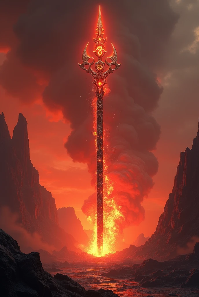 a giant long spear, celestial spear, mystical landscape, red start, (inferno:1.3), volcano, cinematic lighting, realistic, (masterpiece, best quality:1.2)