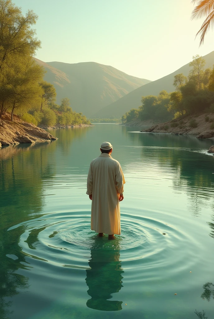 A very beautiful lake with a man dressed in Israeli clothes entering with his back to the water, but the water reaches only his knees.