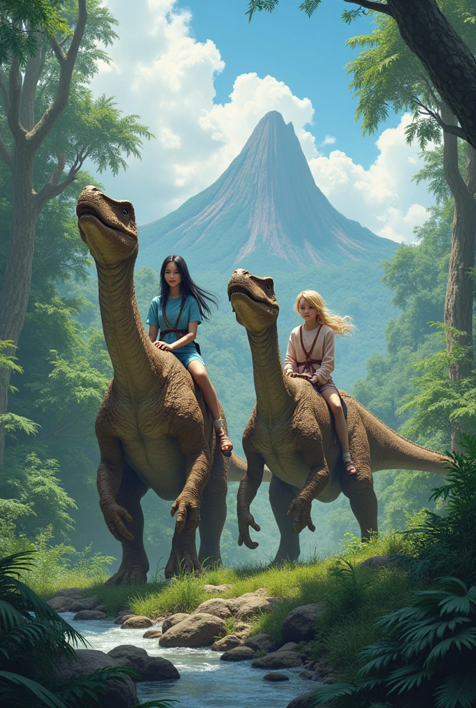 create an image representing the terrain and fauna of Earth during the Jurassic period (dinosaurs, ferns, gymnosperms) e coloque três dinosaurs com uma garota de cabelo preto liso sentada em cima de um, a girl with straight blonde hair on top of another, a girl with curly blonde hair on top of another