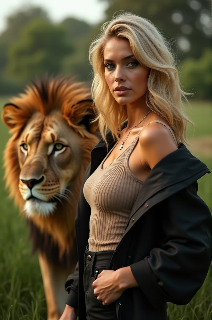 Glamorous 20-something woman with a lion and blonde hair