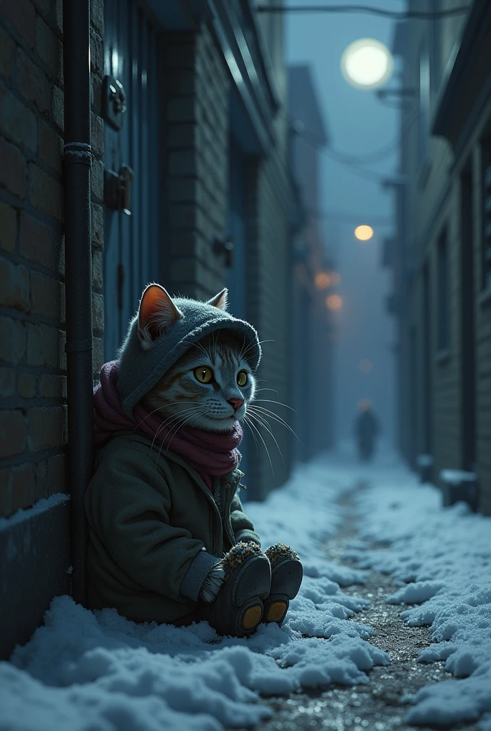 The cat is curled up in an empty alley, wearing a tattered gray coat full of holes and patches. Its feet are clad in worn-out old shoes, and it wears a faded little hat on its head. The background is a cold night, with icy moonlight casting shadows in the alley.