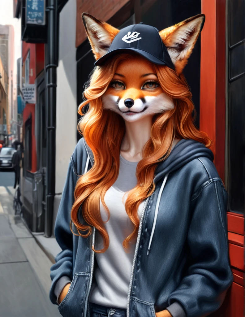 Furry fox girl on the street of the city, very fashionable, stylishly dressed, street style clothes, wide jeans, hoodie, baseball cap, sneakers, shows the viewer the V gesture, winks, long wavy orange locks of hair, high detail, filigree, high definition, texture smoothing, realistic brush strokes, looks like a realistic photo, Furry fox girl is shown in detail, Ultra-realistic rendering of details, Stunningly realistic graphics, Very detailed photo