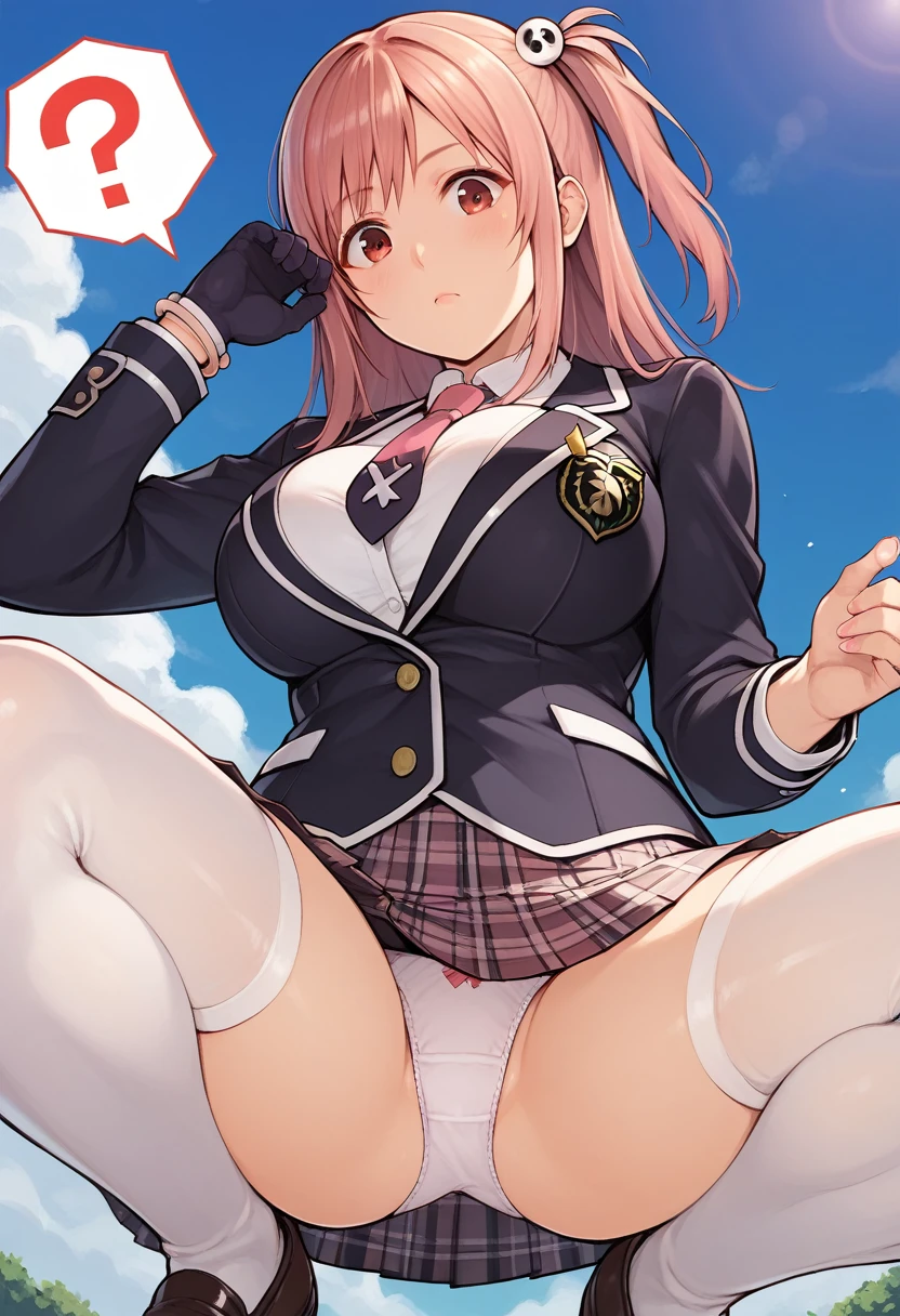 score_9,score_8_up,score_7_up,score_6_up,score_5_up,score_4_up,
1girl,honoka,dead or alive,one side up,hair ornament,red eyes,pink hair,medium hair,large breasts,
school uniform,jacket,necktie,single glove,black gloves,plaid skirt,white thighhighs,
sky,from_below,panties focus,:o,squatting,confused,thinking,spread legs,questionãmark,close up,upskirt,leaning forward,pov