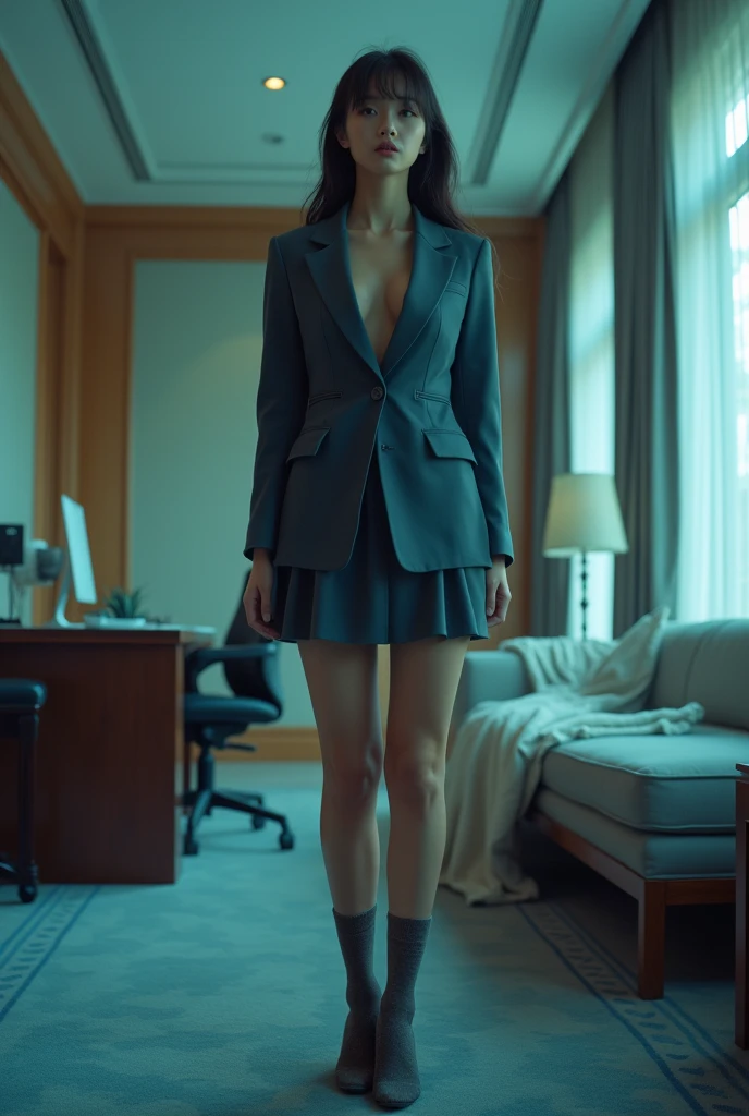 (8k,Movie,16mm wide-angle lens,Aperture 8,Multi-angle shooting,Rich in details )Chinese,Asian,in a New York office building ,secretary,wear glasses,Cool colors,miniskirt,High heel,exposed,sexy socks,Expose,Expose内衣,A large hotel room,Lying in bed,,Flirty,Romantic,Sexy woman,White,Looking out the window,Troubled woman,30 years old