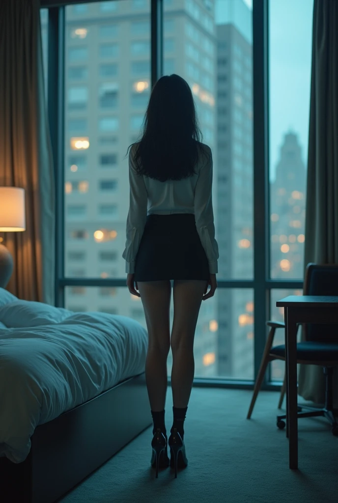 (8k,Movie,16mm wide-angle lens,Aperture 8,Multi-angle shooting,Rich in details )Chinese,Asian,in a New York office building ,secretary,wear glasses,Cool colors,miniskirt,High heel,exposed,sexy socks,Expose,Expose内衣,A large hotel room,Lying in bed,,Flirty,Romantic,Sexy woman,White,Looking out the window,Troubled woman,30 years old