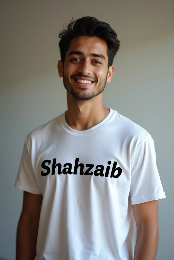 A guy have a t-shirt and in t-shirt shahzaib name is writed
