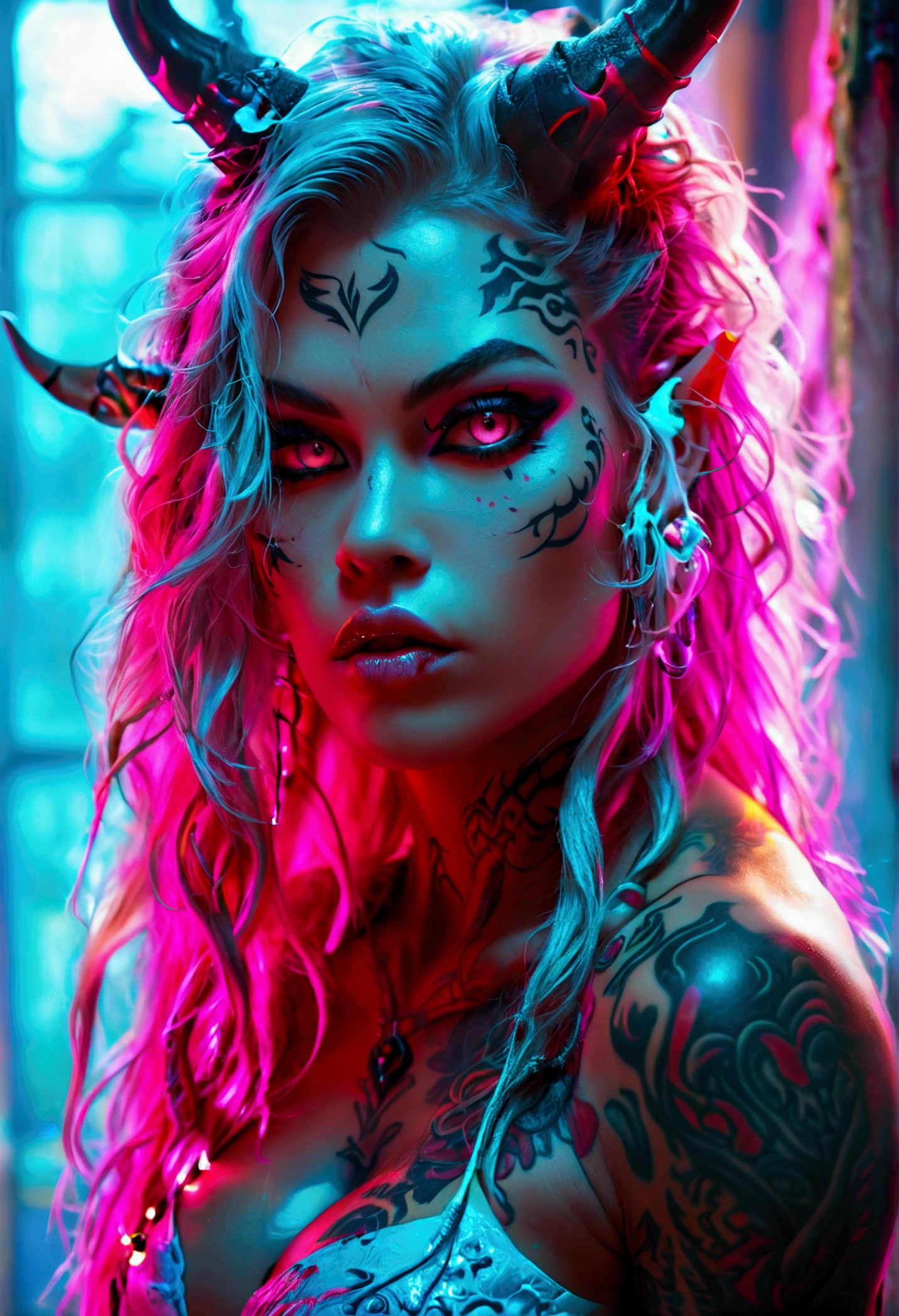 Create a hyper detailed photograph of a tattooed muscular young sexy female wicked oni, Stunningly perfect gorgeous feminine face, perfect makeup, detailed vibrant neon eyes, long flowing hair, big beautiful muscular legs, big beautiful muscular arms, perfect hour glass body figure, detailed smooth skin, large breast, perfect round ass, complete full body view,