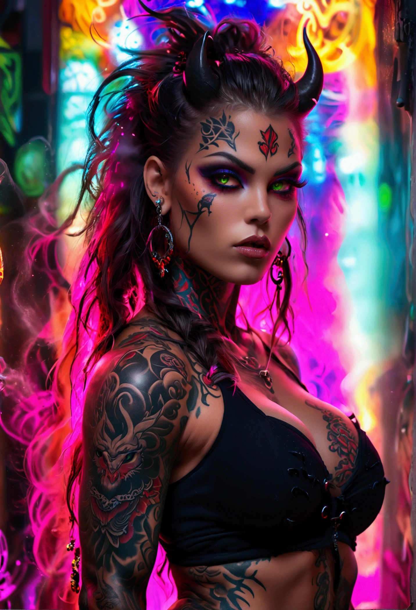 Create a hyper detailed photograph of a tattooed muscular young sexy female wicked oni, Stunningly perfect gorgeous feminine face, perfect makeup, detailed vibrant neon eyes, long flowing hair, big beautiful muscular legs, big beautiful muscular arms, perfect hour glass body figure, detailed smooth skin, large breast, perfect round ass, complete full body view,