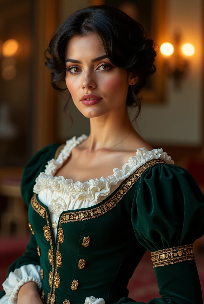 Beautiful latina woman perfect body short brunette hair,  dressed in elegant victorian era 19th century American colorful conservative formal studio lighting,  beautiful background 