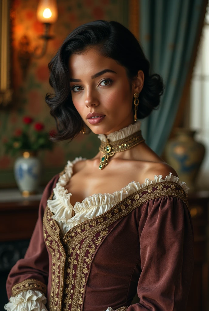 Beautiful latina woman perfect body short brunette hair,  dressed in elegant victorian era 19th century American colorful conservative formal studio lighting,  beautiful background 