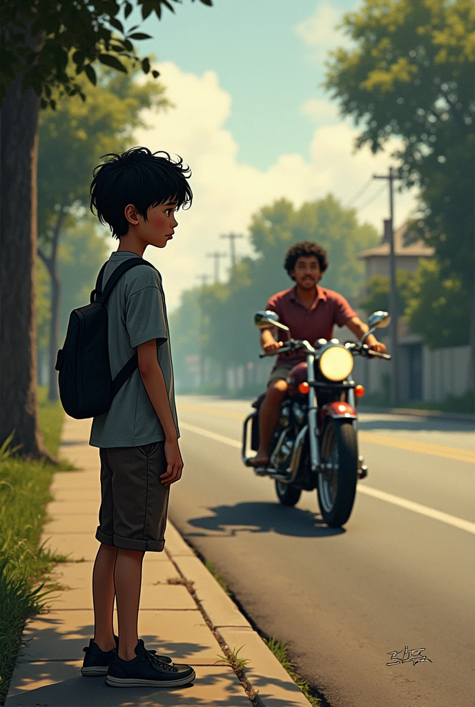 A boy is waiting for his girlfriend but she is going with her father on father's bike in front of that boy, make this as image