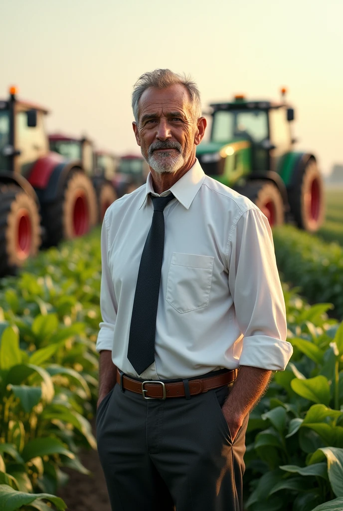 A picture of a farmer wearing a tie standing with modern technology in an agricultural field