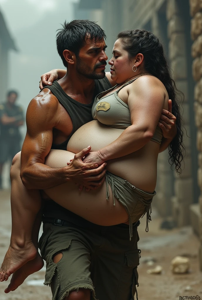 Exhausted, skinny man lifting an obese woman in his arms