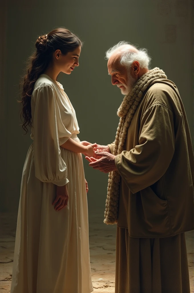 An old man touched the young woman's feet