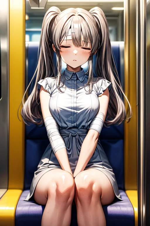 masterpiece, Highest quality, High resolution, ((train))、Sitting、Twin tails, Grey Hair, bandage、White dress, Attractive thighs、cute、Attractive breasts、from the front、Sleep、Closed eyes、Weakness、Relaxation、腕がWeakness、To let one's arms hang down