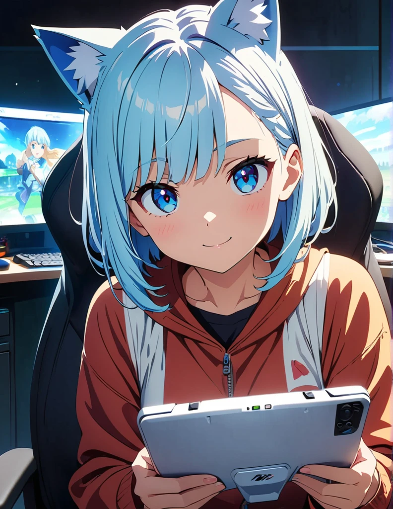 (anime artwork, anime style, studio anime, very detailed, up to date, vibrant, Anime Coloring, high contrast, masterpiece:1.2, best quality, best aesthetics),1 girl,cat ear,light Blue hair,Mullet hairstyle,Best quality,light smile,{{gaming pc}}, {{gaming chair}}, holding_controller, foreshortening,{{blurry_foreground}},ear phone, perfect anatomy,blue eyes,